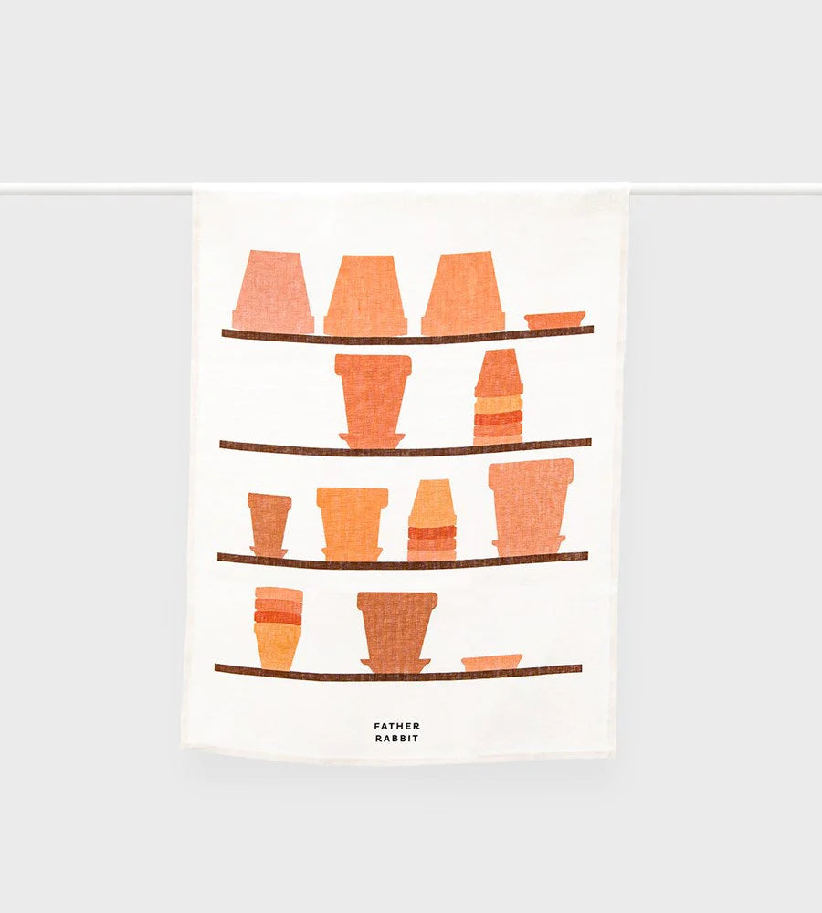 FATHER RABBIT EMPTY POTS ON SHELVES TEA TOWEL